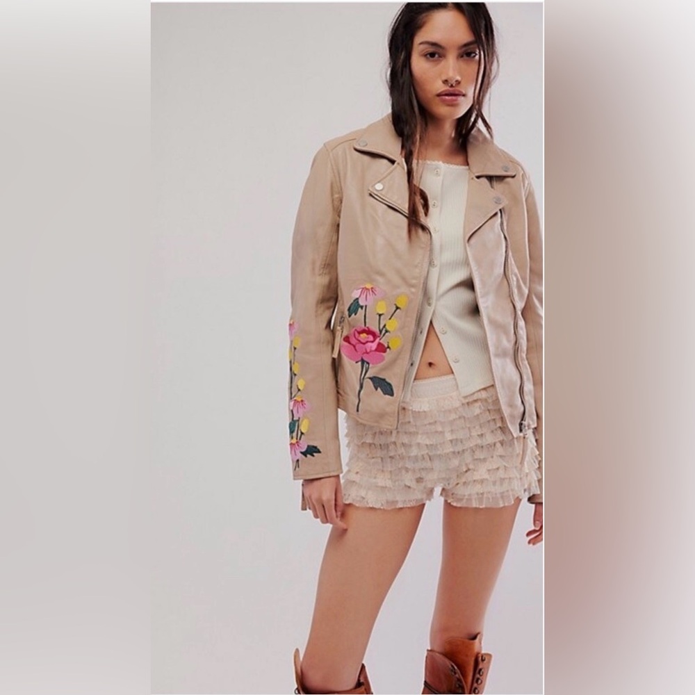 Free People Mauritius Peonie Beige Genuine Leather Jacket Sz 7/8( M)NWT $398